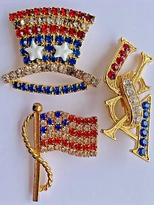 4th Of July Vintage Rhinestone Pin Lot Gold Tone 'uncle Sam Hat' Red White Blue • $35.70