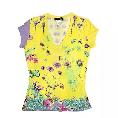 Versace Yellow Floral Jungle Print V Neck T-Shirt • $74.71