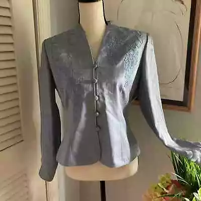 ADRIANNA PAPELL Womens Light Blue 100% Silk Jacket Mandarin Collar Embroidered 8 • $22.99