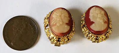 Vintage Cameo Clip On Earrings Set In Ornate Gold Colour Metal • £15