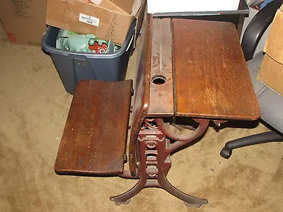 Vintage Elementary School Wood Desk Iron Legs With Foldouts And Inkwell Brooklyn • $295