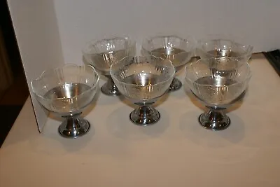 Set Of 6 Vintage ETCHED Glass Ice Cream Sundae Dishes W/chrome Metal Bases 3.5 H • $25