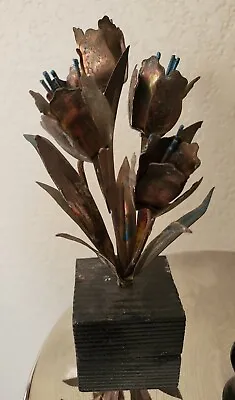 Vintage Mid-Century Modern Brutalist Metal Copper Sculpture Flowers Blue Stamens • $40