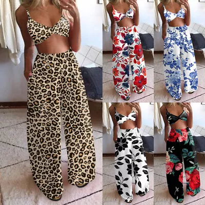 2PCS Women Leopard Floral Crop Tops Cami Vest + Flared Pants Co Ord Outfit Set • £3.89