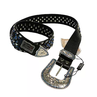 Montana West Western Black Leather Belt W/ Blue Rhinestone Studded Bling - Sz 36 • $24.99