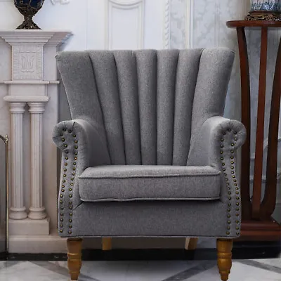 Vintage Linen Fabric Queen Anne Wing Chair Fireside High Back Armchair Sofa • £179.95