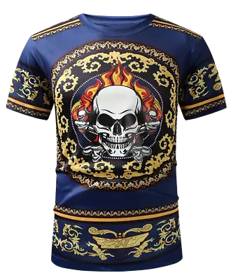 MENS PREMIERE Casual SLIM FIT SHORT SLEEVE SHIRT BLUE FLAME SKULL NEW NWT 204 • £22.55