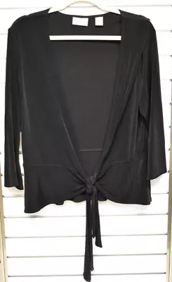 Chico's Sz 2 Black 3/4 Sleeve Shrug Tie Waist Cover Up Open Front Cardigan • $19.99