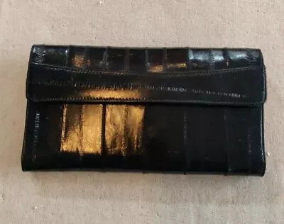 Vintage 80s Genuine Black Eel Skin Leather Bifold Wallet W/ Coin Pouch. Ex. Cond • $35