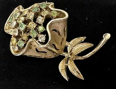 Signed CORO Gold Tone Green Yellow Clear Flower Vintage Brooch Jewelry Lot Z • $6.38