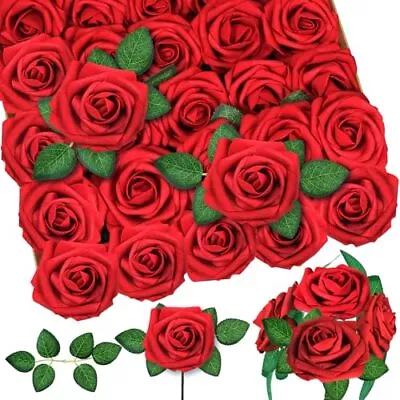 WLT 25Pcs Red Roses Artificial Flowers Bulk Dark Red Fake Roses Real Looking ... • $18.99