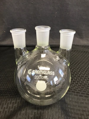 $89.99 • Buy CHEMGLASS 2000mL Glass Vertical 3-Neck Round Bottom Flask 29/42 Outer CG-1522