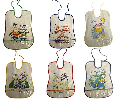 1-8 Assorted Large Tie Back Bibs I Love Mummy Daddy Feeding Bib PVC Plastic Lot • £1.99