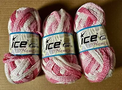 Lot Of 3 Ice Yarns Flamenco Ruffle Yarn Pink/White 100gm Ea. NEW • $4.99