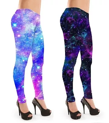 Women's Blue Purple Pink Multi Galaxy Cosmos Stars Printed Leggings Size 8-22 • £19.99