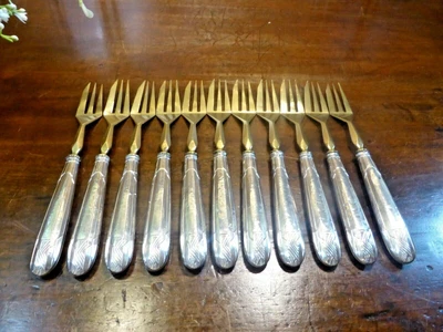 £99.95 • Buy ANTIQUE FRENCH DECO Set 11 Gold Plated CAKE FORKS - HALLMARKED SILVER HANDLES 