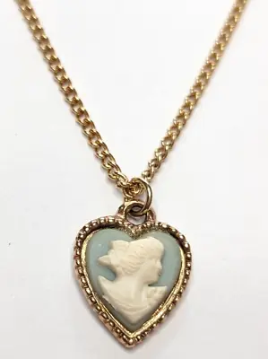 Vintage Acrylic Blue Cameo In Heart Gold Tone Pendant Chain Choker Necklace 16  • $16.99