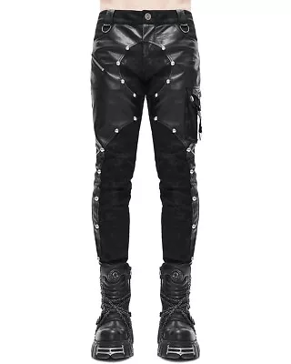 Devil Fashion Mens Dieselpunk Gothic Jeans Pants Black Faux Leather Panels Biker • £72.99