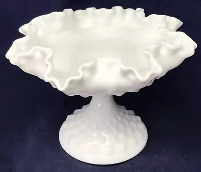 Fenton Hobnail Compote Milk Glass Pedestal Candy Dish Ruffled Edge Vintage • $15