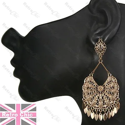 Long 8cm ORNATE GYPSY CHANDELIER EARRINGS Antique Gold Tone RETRO VINTAGE STYLE • $5.04