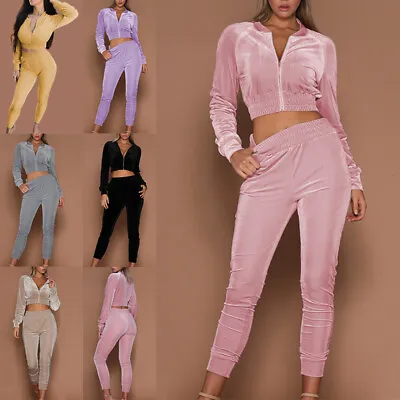 2Pcs Womens Plain Sexy Jogging Tops+Bottom Loungewear Velvet Velour Tracksuit US • $38.34