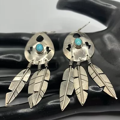 VINTAGE HT 925 STERLING NAVAJO TURQUOISE & FEATHERS DANGLE EARRINGS.10.9 Grams. • $4.25