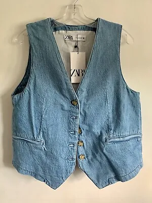 Bnwt Zara Blue Denim Cotton Sleeveless Waistcoat Vest Gilet Size: Large • $49.26