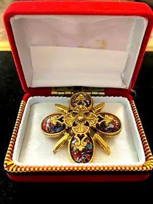 Vintage Maltese Cross Brooch Millefiori Red Cabochons Ornated Setting 2  Pin • $28