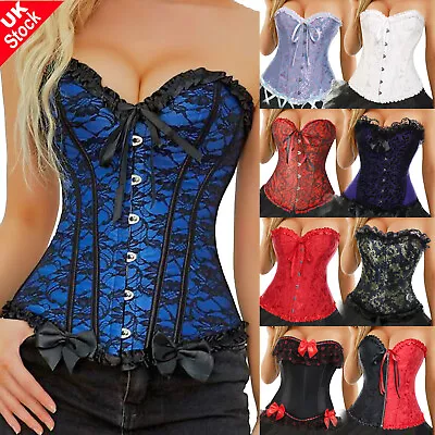 Women Sexy Overbust Burlesque Basque Top Lace-Up Costume Boned Corset Lingerie • £15.79