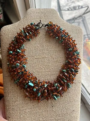Multi Strand Honey Amber & Turquoise Bead Choker Necklace With Sterling Clasp • $34.50