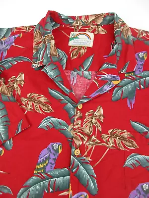 Mens 4XL Paradise Found Jungle Bird Red Parrot Hawaiian Shirt Magnum PI VTG • $39