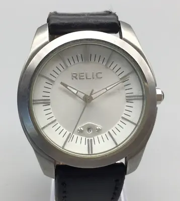 Relic Watch Men 41mm Silver Tone  Date 38mm Black Leather Band New Battery • $25.49