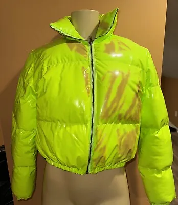 Women Wet Look Jacket Coat Shiny Vinyl Thick Warm Puffer  Cropped Neon Green S • $45