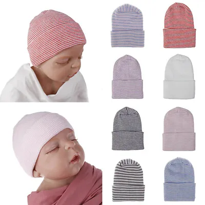 Newborn Baby Infant Soft Striped Knitted Cap Outdoor Casual Beanie Hospital Hat • £2.75