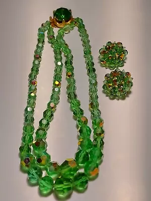 Vintage Green Cut-Glass Necklace & Matching Clip Earrings • $69.99