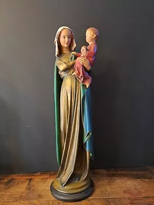 Antique Plaster Handpainted Virgin Mary Madonna With Child Jesus Chapel Statue • $145