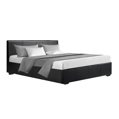 Artiss Bed Frame Queen Size Gas Lift Base With Storage PU Leather Wooden Black • $279.71