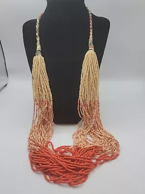 Vintage Handcrafted Orange And Beige Seed Bead Multi-Strand Necklace 36  Long • $30