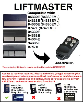 LIFTMASTER 84330E 84333E 84335E 8747E Compatible Remote Control 433.92MHz. • £9.35