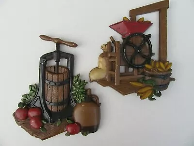 Vintage Home Interiors Metal Kitchen Apple Cider Press Corn Mill Wall Plaque Set • $8.95