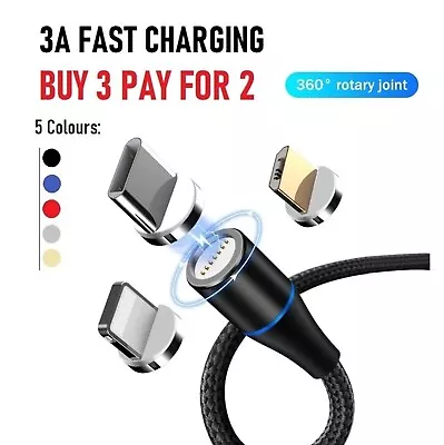 3 In 1 Magnetic USB Cable 3A FAST Charging Charger Sync Phone Type-C Micro & IOS • £2.19