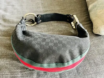 Authentic Gucci Black Red & Green Stripe GG Canvas Bamboo Half Moon Medium Hobo • $545.08