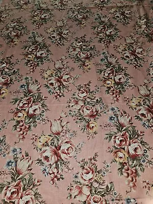 Vintage Hamil Textiles Roses On Pink Cotton Fabric 2.75 Yards X 45  Wide • $33.99