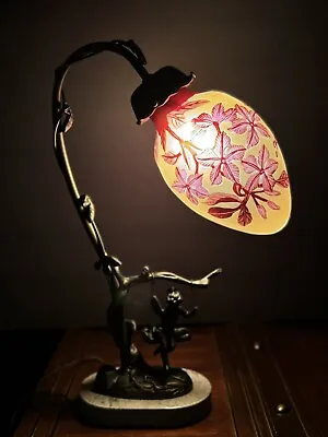 Emile Galle Acid Etched Cameo Glass Lamp Light  Flowers Amber Red Bronze Fairy • £192.06