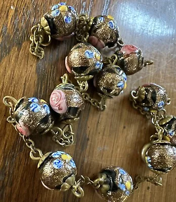 Vintage Gold Foil Venetian Murano Wedding Cake Beaded Necklace Black Pink 16” • $24.95