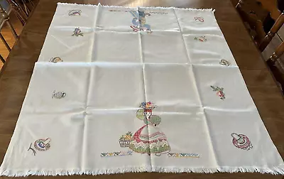 Vint MEXICAN THEME Embroidered TABLE TOPPER  WHITE BACK GROUND  35  X 38   AS  • $22