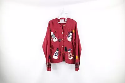 Vintage 90s Streetwear Womens Large Christmas Snowman Hand Knit Cardigan Sweater • $49.45