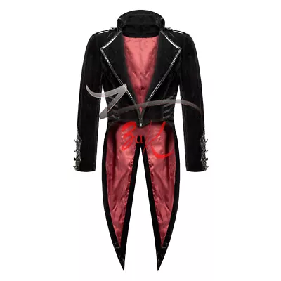 New Mens Black Velvet Gothic Steampunk Vampire Swallowtail Tailcoat Jacket • $76.49