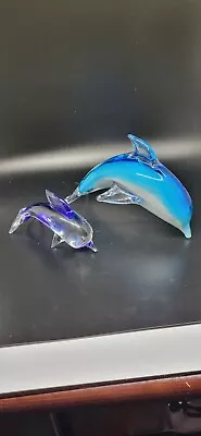 2 Blue Turquoise And Clear Murano Style Dolphin Figurines Summer Ocean Beach • $15