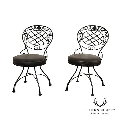 Vintage Pair Rose Pattern Wrought Iron Side Chairs • $595